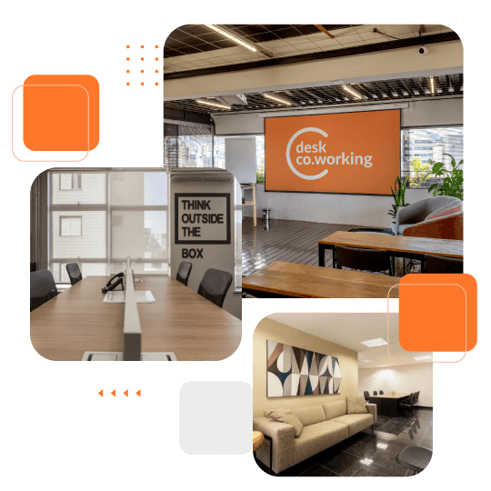 Colagem de sala de reunião, lounge com tela do Desk e sofá de espera