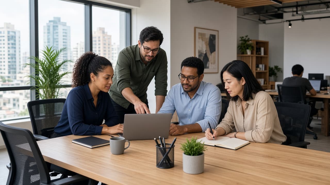 Quatro profissionais colaborando em volta de um notebook em escritório de coworking